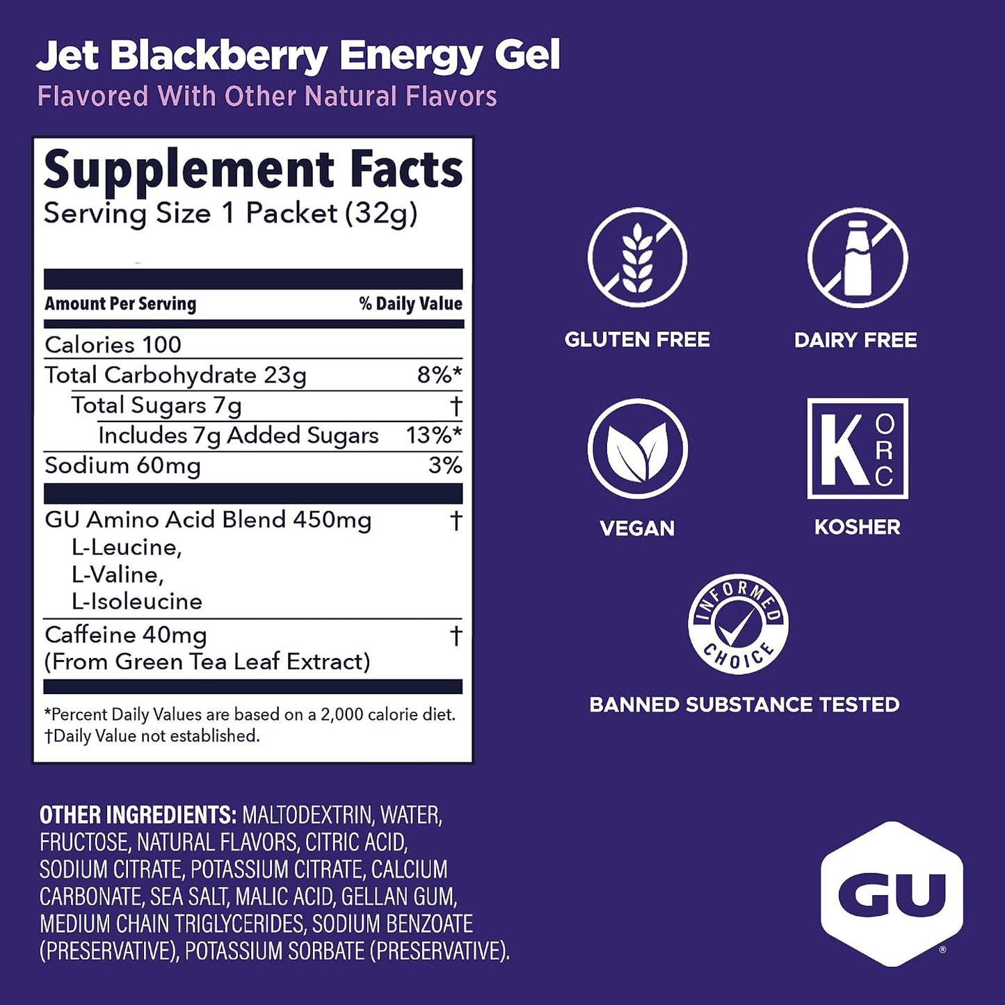 GU Energy Gel – Jet Blackberry Caffeinated – 6, 12 or 24 Pack | Running & Endurance