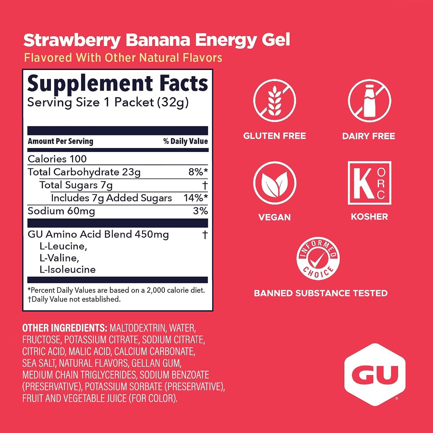 GU Energy Gel – Strawberry Banana Non-Caffeinated – 6, 12 or 24 Pack | Running & Endurance