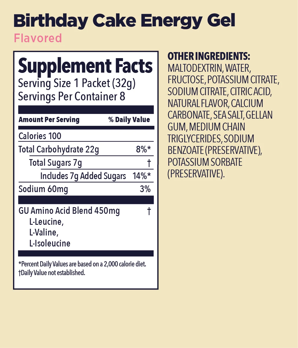 GU Original Energy Gel Birthday Cake 32g Supplement Facts