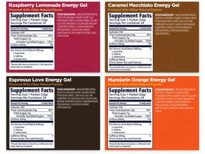 GU Original Energy Gel supplement facts and ingredients for Raspberry Lemonade, Caramel Macchiato, Espresso Love and Mandarin Orange