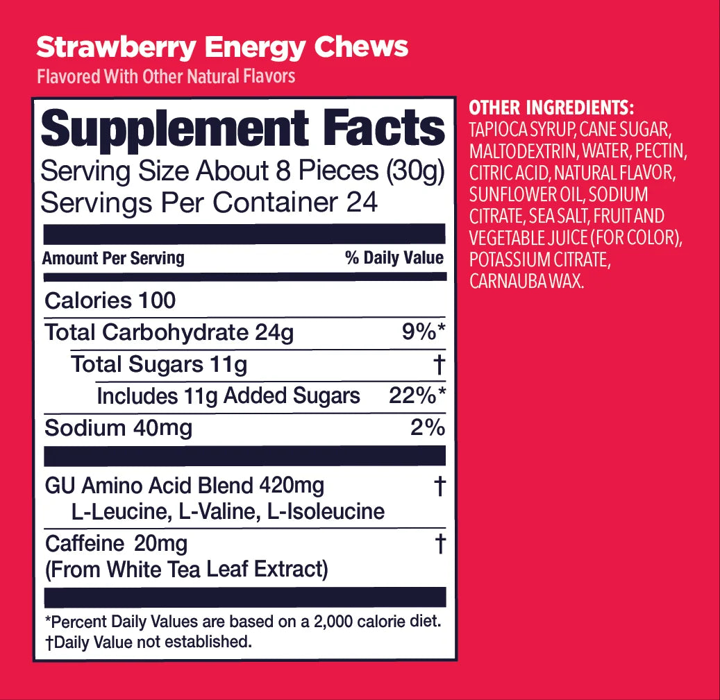 GU Energy Chews Strawberry caffeinated Supplement Fact