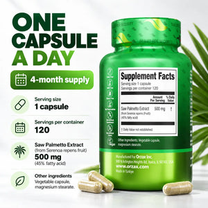 Orzax Saw Palmetto supplement facts 500mg extract standardized to 45 percent fatty acids
