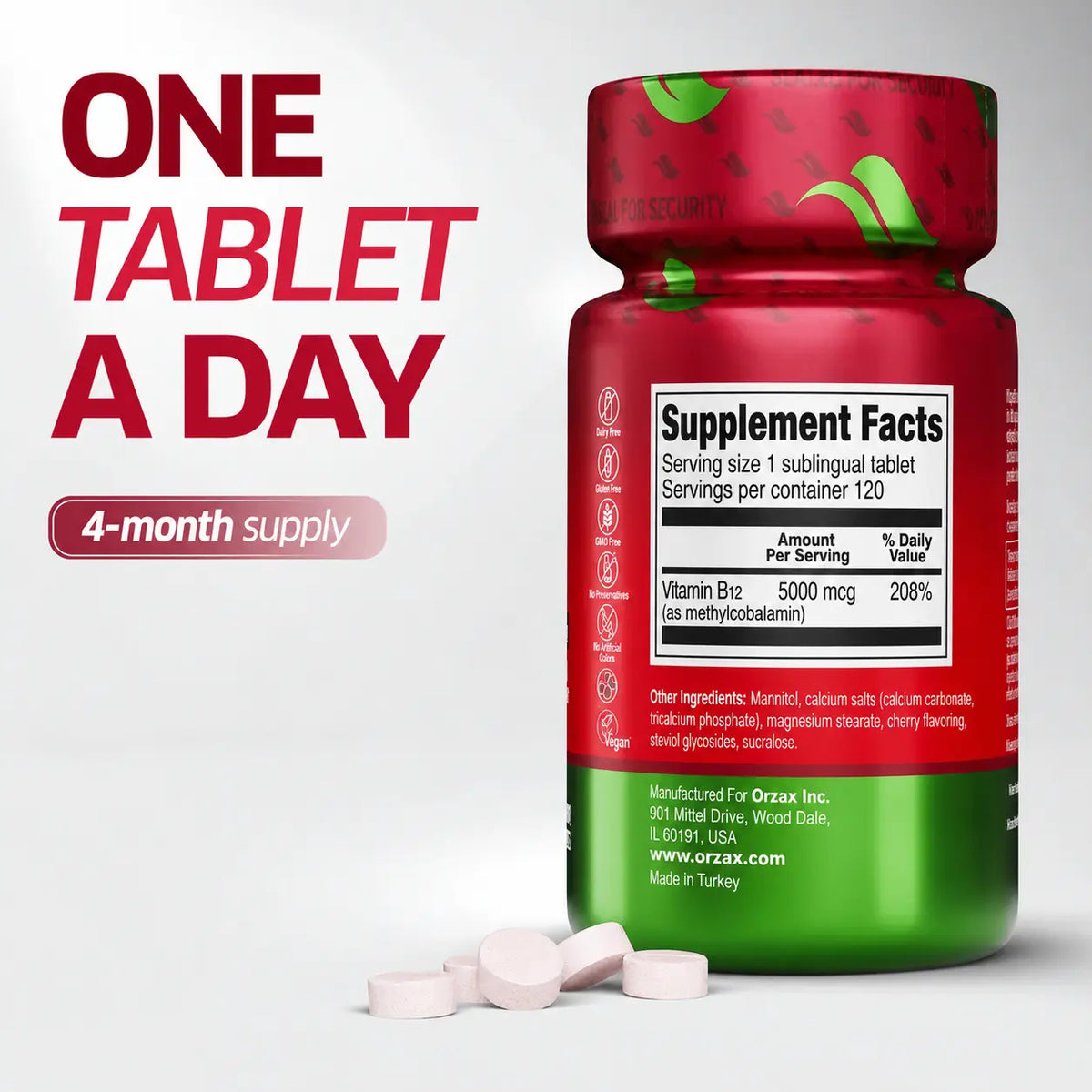 Orzax Vitamin B12 5000mcg methylcobalamin supplement facts 120 sublingual tablets