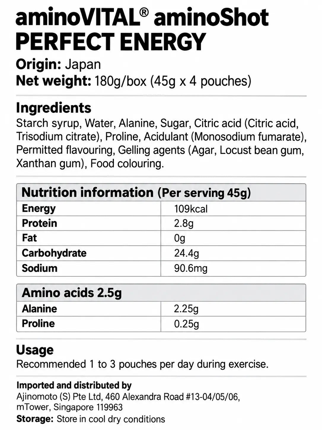 aminoVITAL Aminoshot Perfect Energy Singapore nutrition facts and ingredients