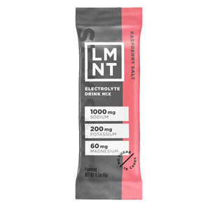 LMNT Raspberry Salt electrolyte drink mix stick pack