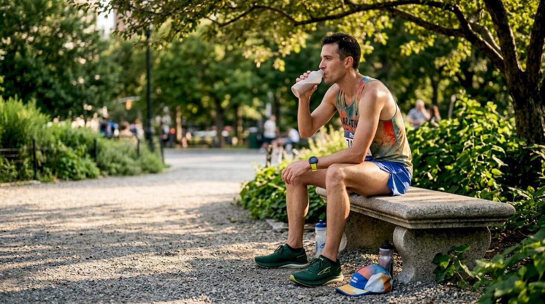 Marathon runner drinking protein shake on bench