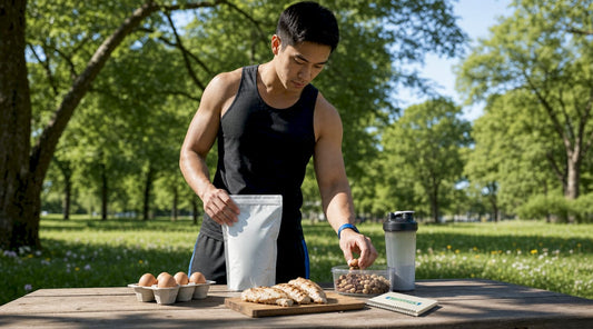 Runner preparing protein meal at kitchen counter