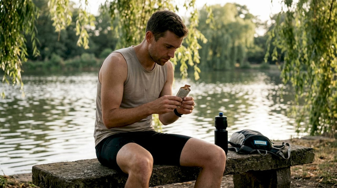 Endurance athlete examining energy gel packet outdoors