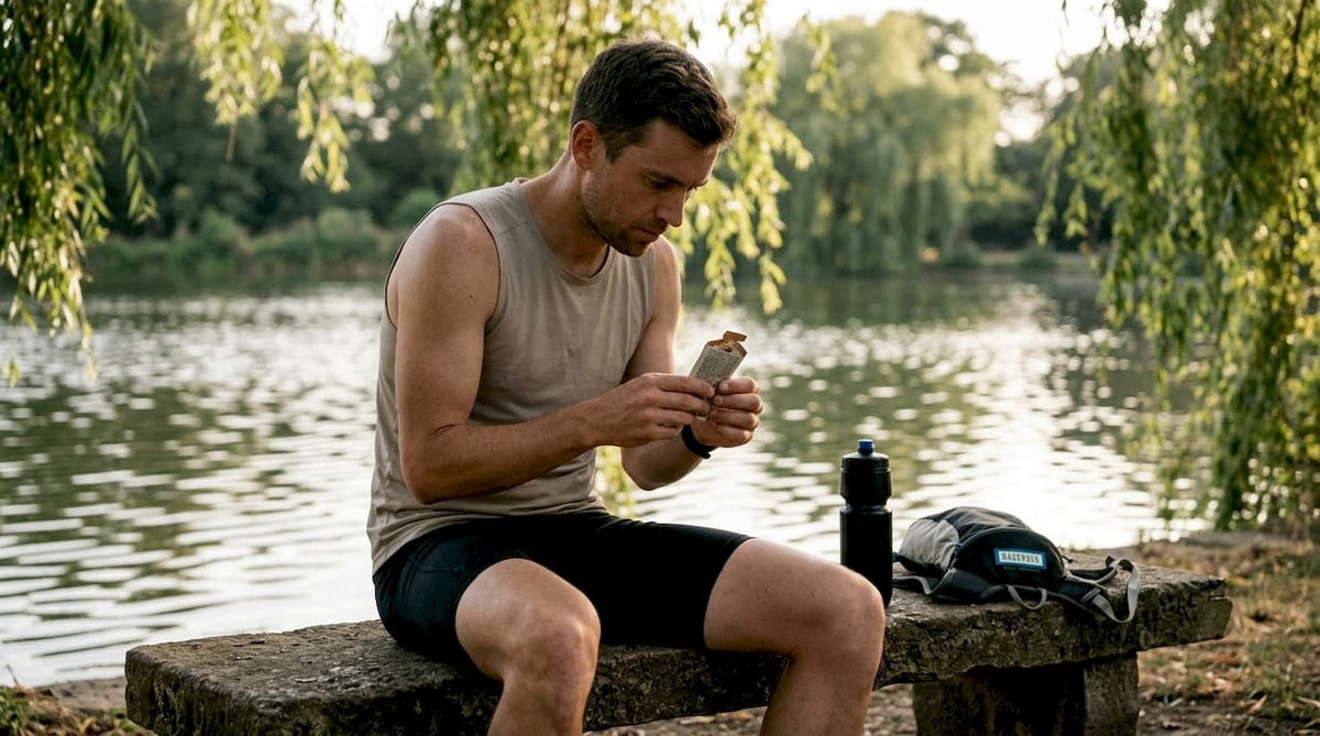 Endurance athlete examining energy gel packet outdoors