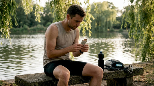 Endurance athlete examining energy gel packet outdoors