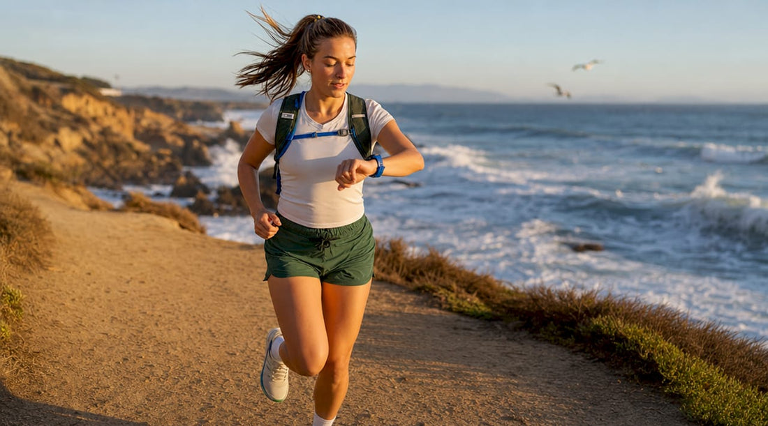 Runner checking sports watch for cadence
