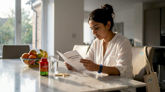 Woman reading Vitamin B supplement brochure at kitchen table