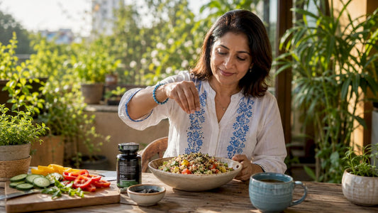 Woman preparing salad with black cumin seeds
