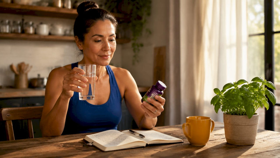 Woman taking milk thistle supplement at kitchen table