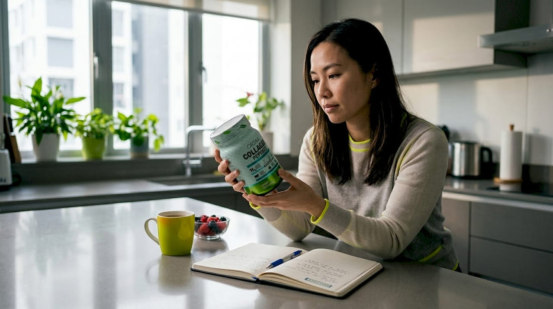 Woman examining collagen peptides powder