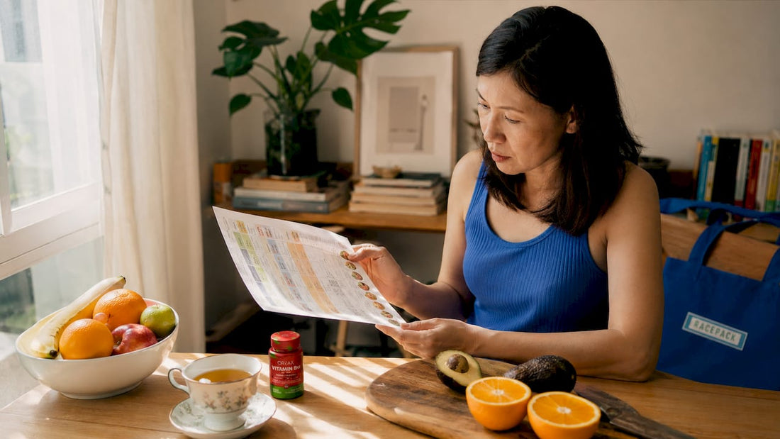 Woman reviewing vitamin B12 information at kitchen table