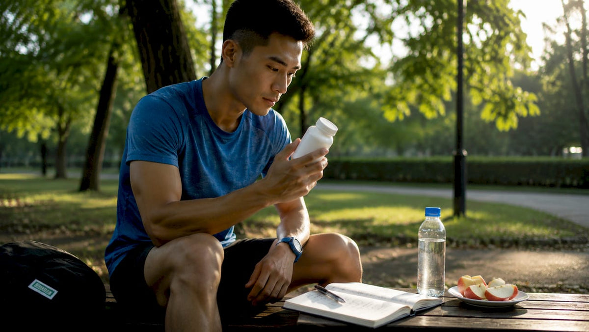 Athlete reviewing selenium supplement intake in kitchen
