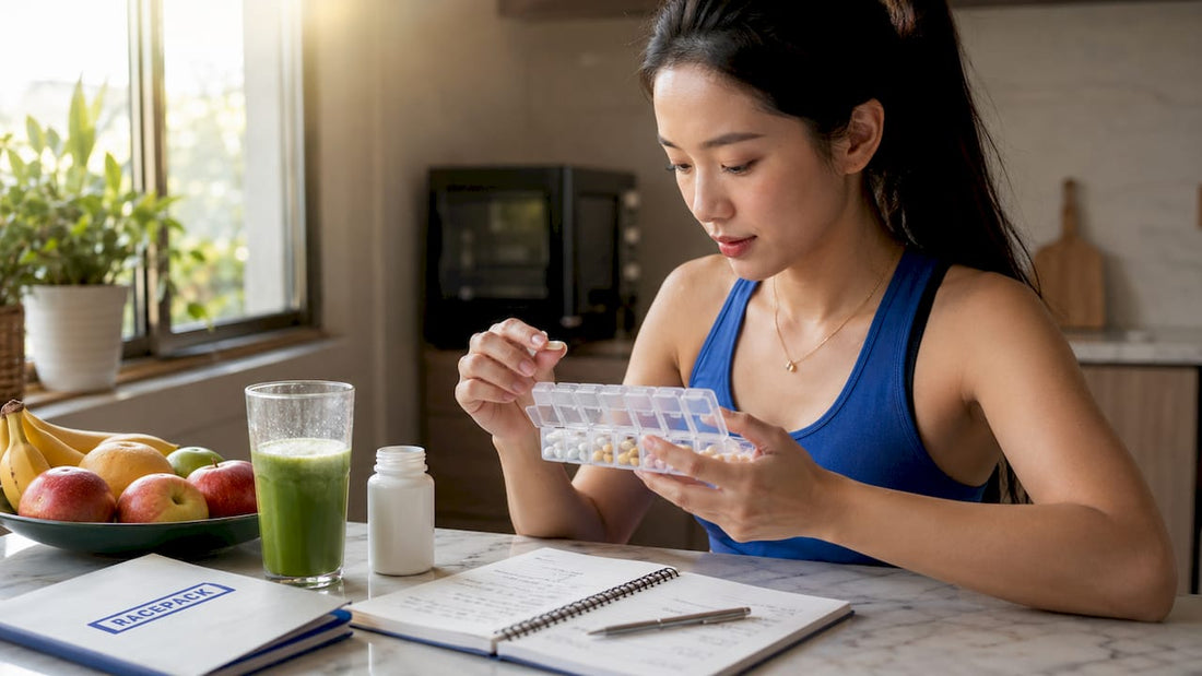 Person inspecting magnesium supplement and pill organizer