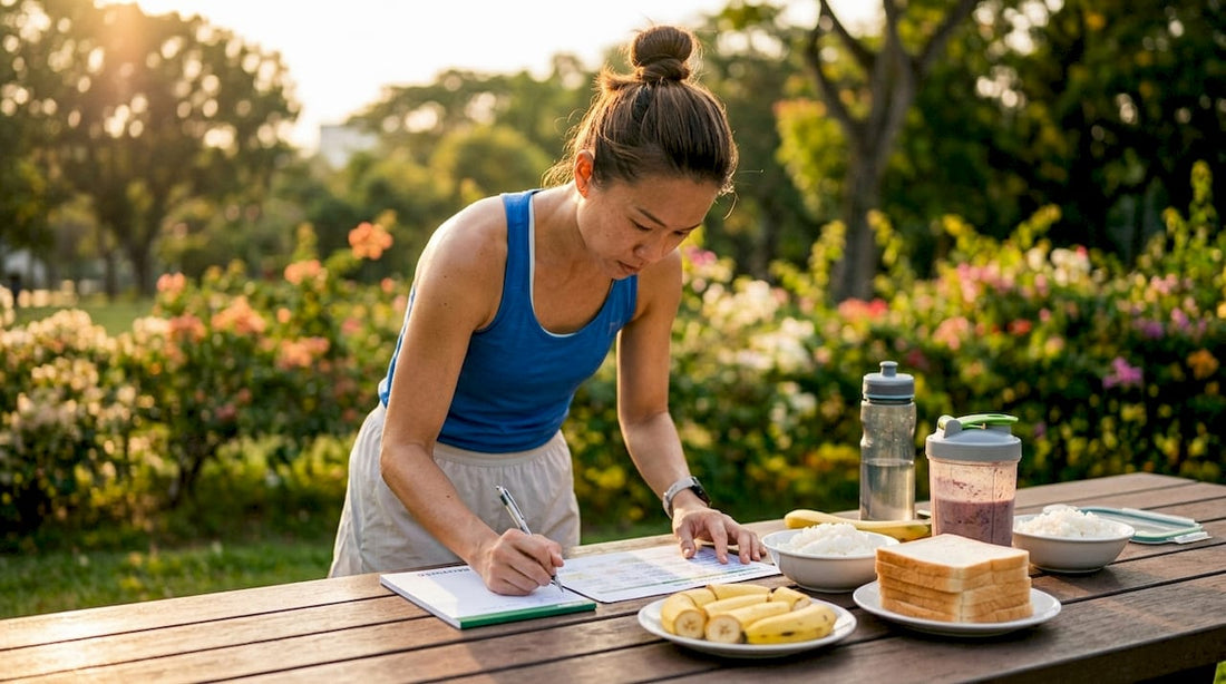 Runner planning carb loading meals in kitchen