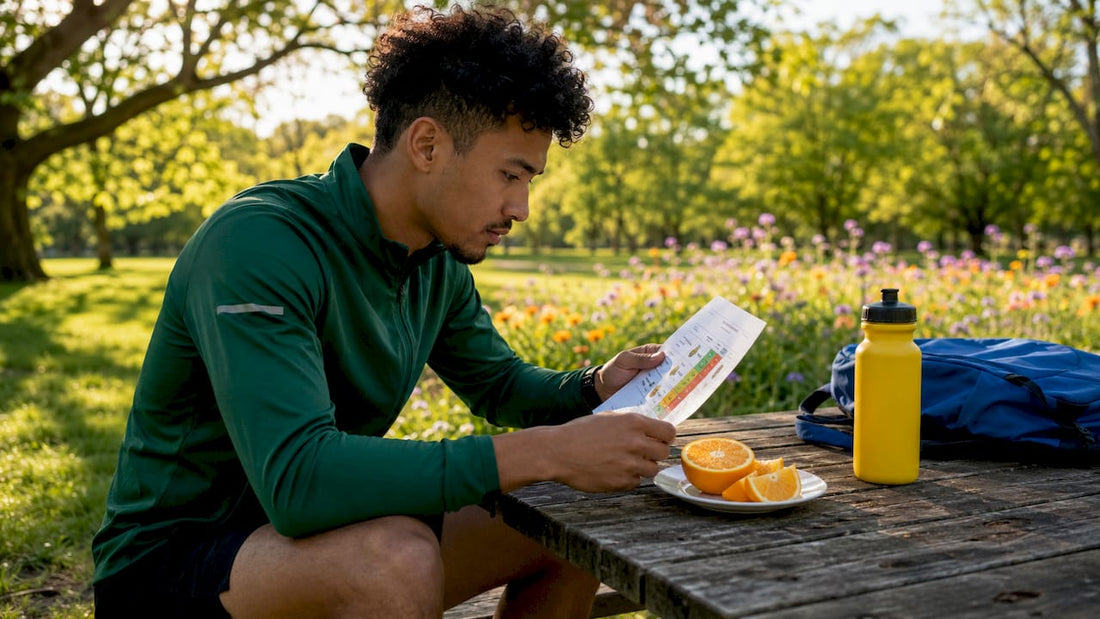 Runner studying glycemic index chart outdoors