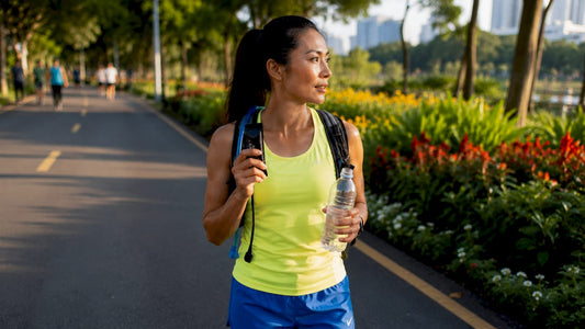 Female runner pausing to refuel on forest trail