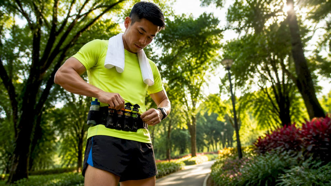 HYROX athlete preparing hydration gear outdoors