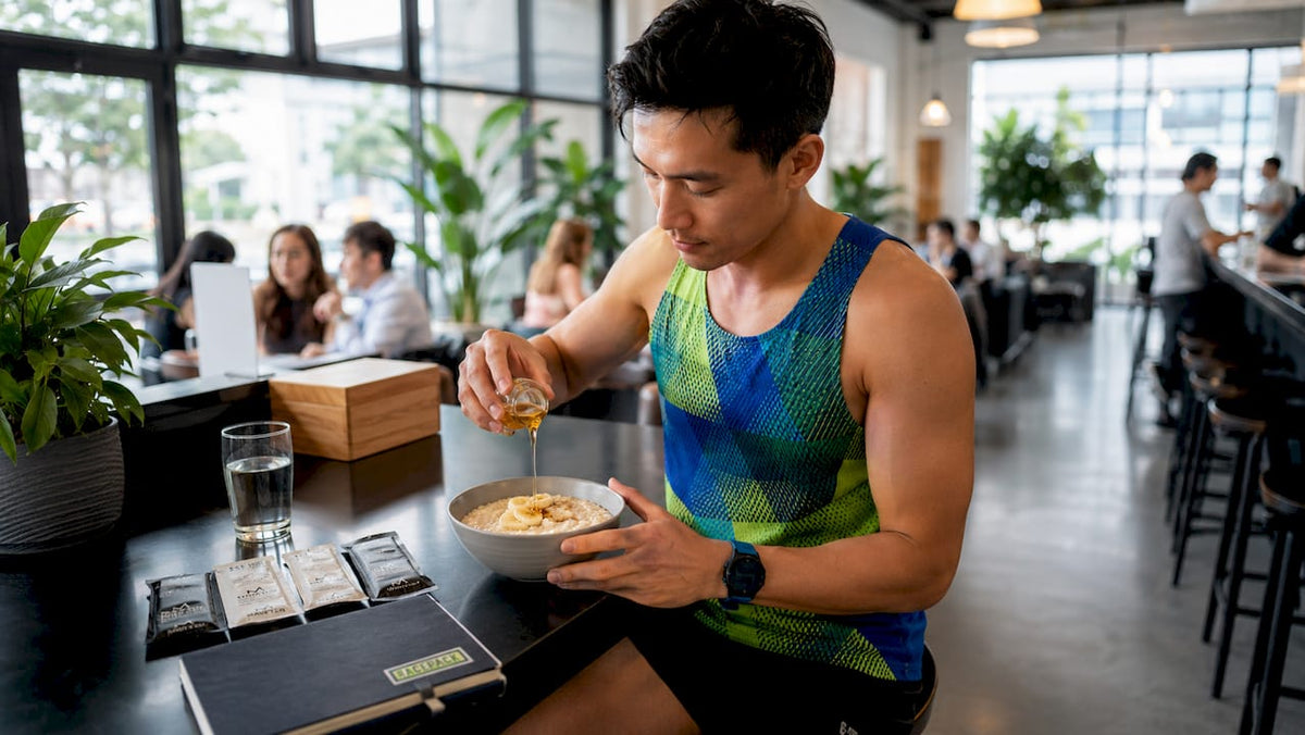 Runner eating carb-loading meal at home