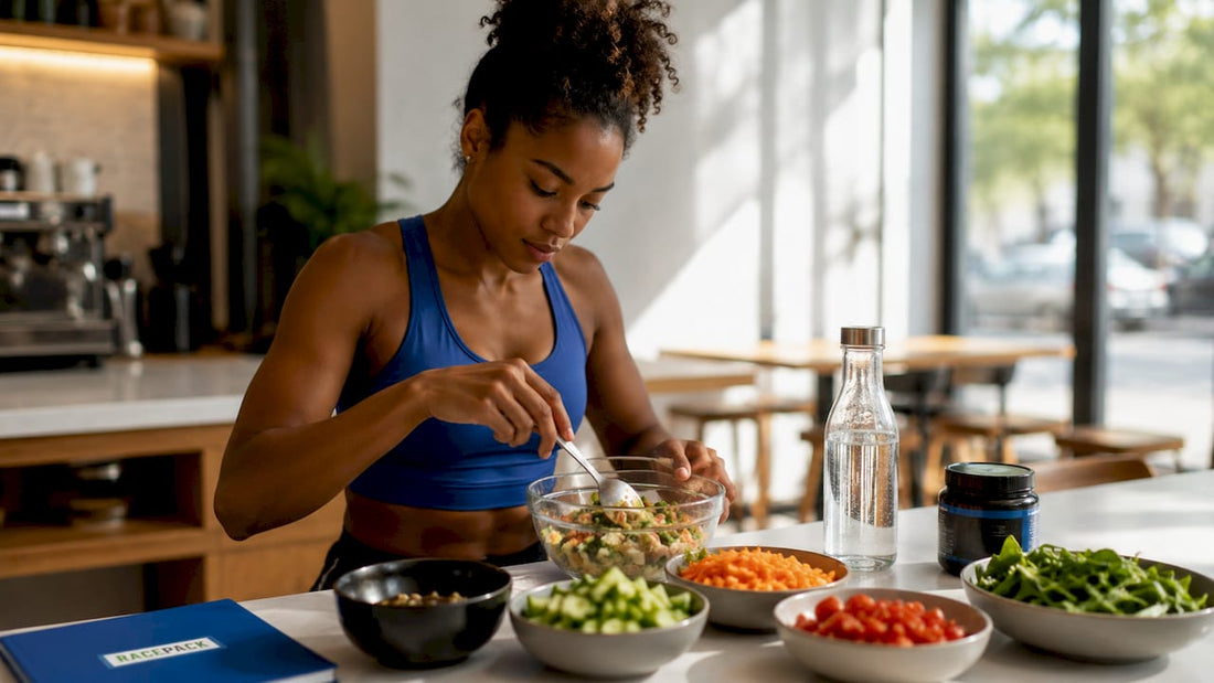 Female athlete preparing pre-workout meal in kitchen
