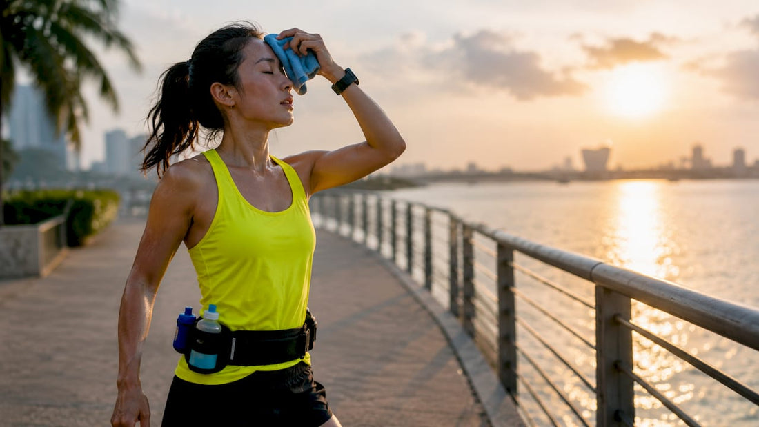 Runner pausing outdoors hydrating with electrolytes