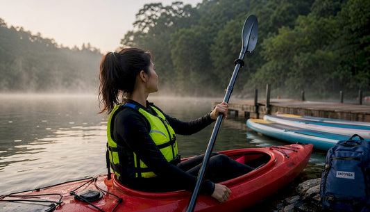 Woman kayaking on calm lake in morning light