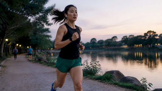 Woman jogging in urban park at sunrise