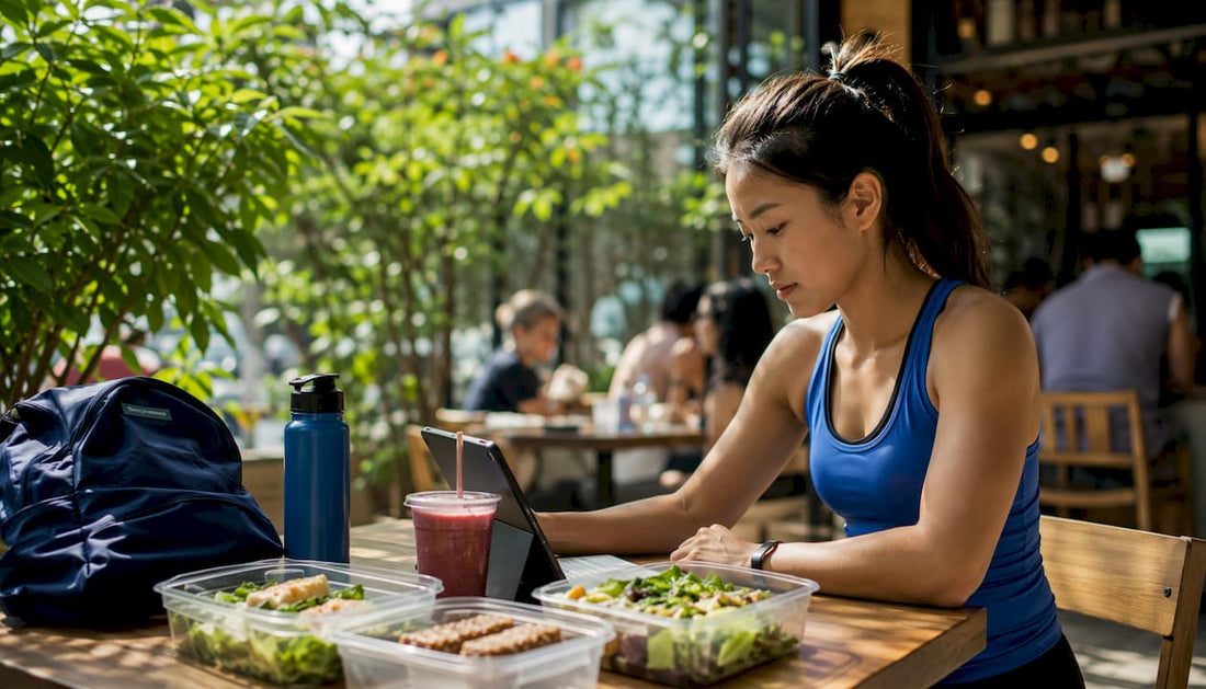 Athlete reviewing nutrition plan at kitchen
