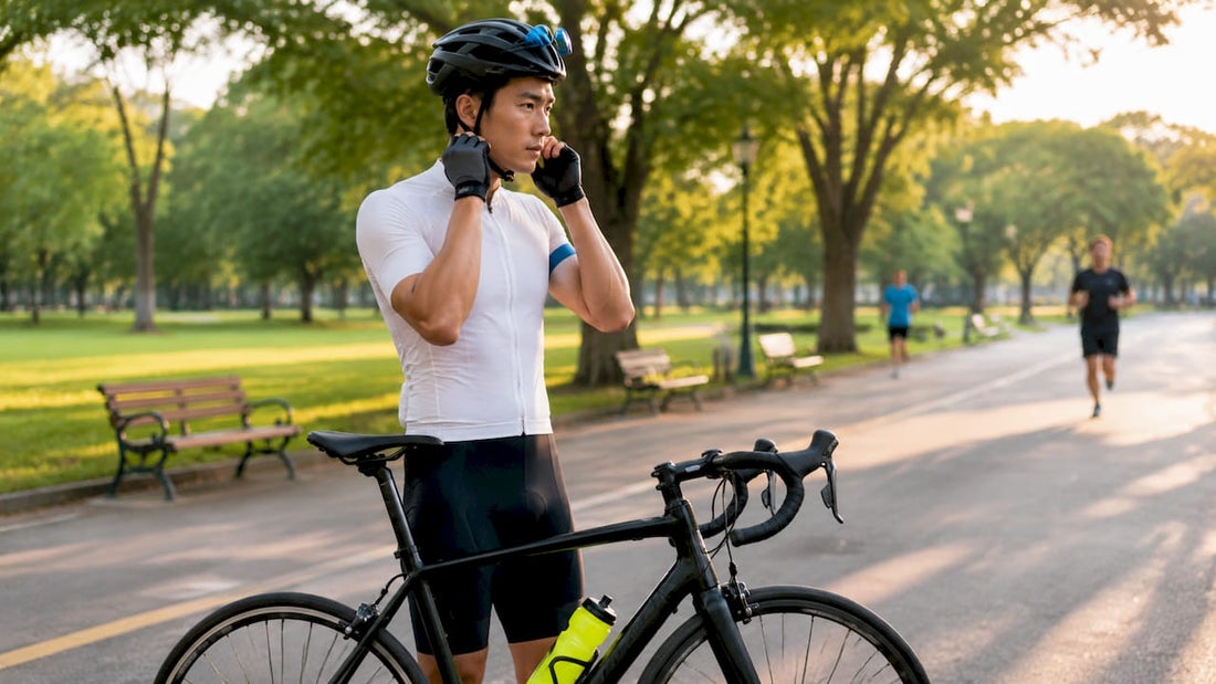 Urban cyclist preparing for ride on city street