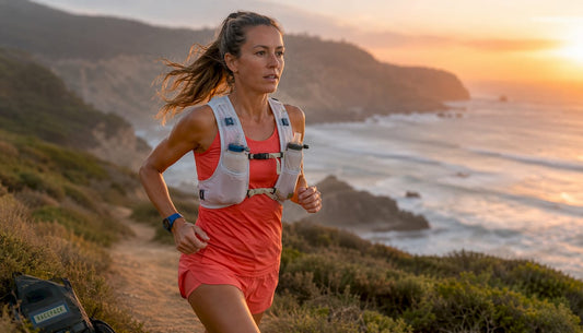 Female endurance athlete running trail outdoors