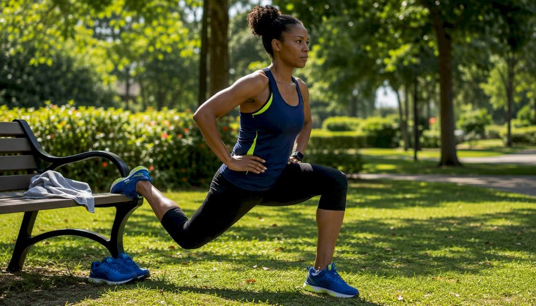 Female runner doing Bulgarian split squats in gym