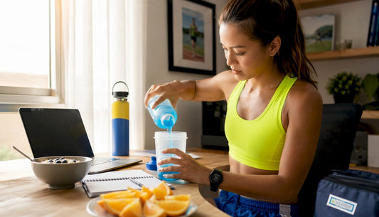 Endurance athlete preparing sports drink in kitchen