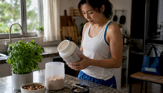 Woman checking protein powder expiration