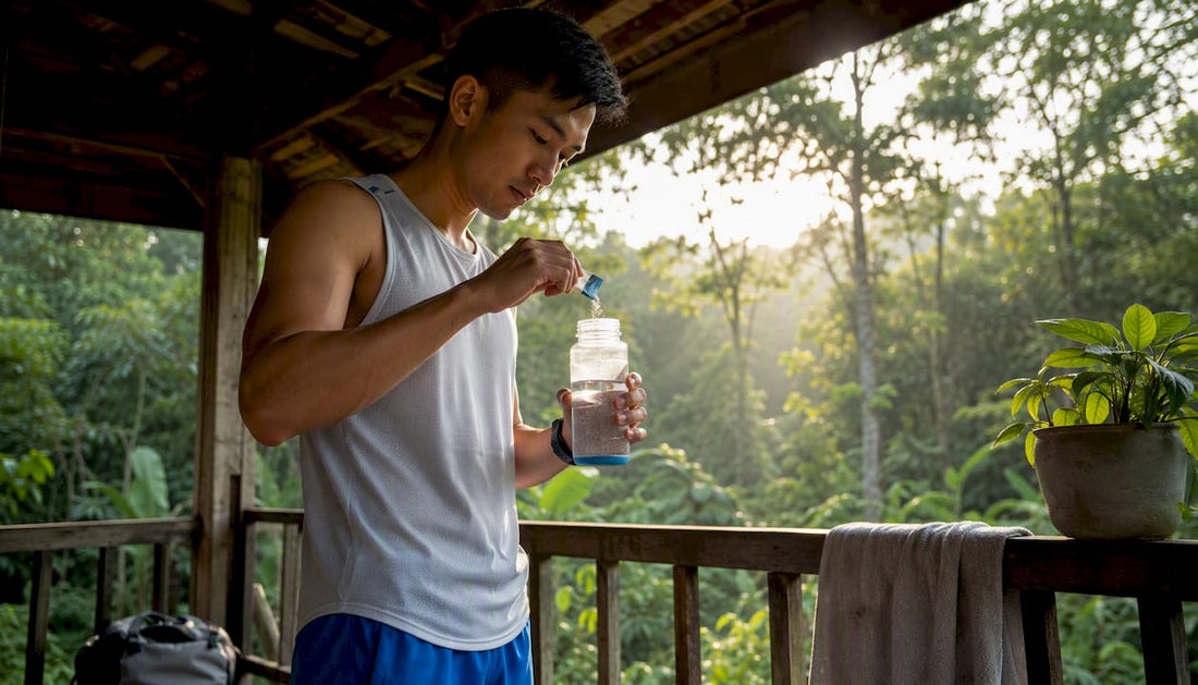 Athlete preparing electrolyte drink at kitchen counter