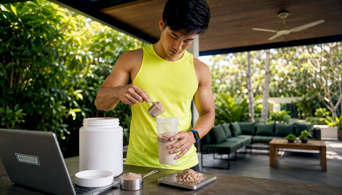 Man measuring mass gainer powder in kitchen