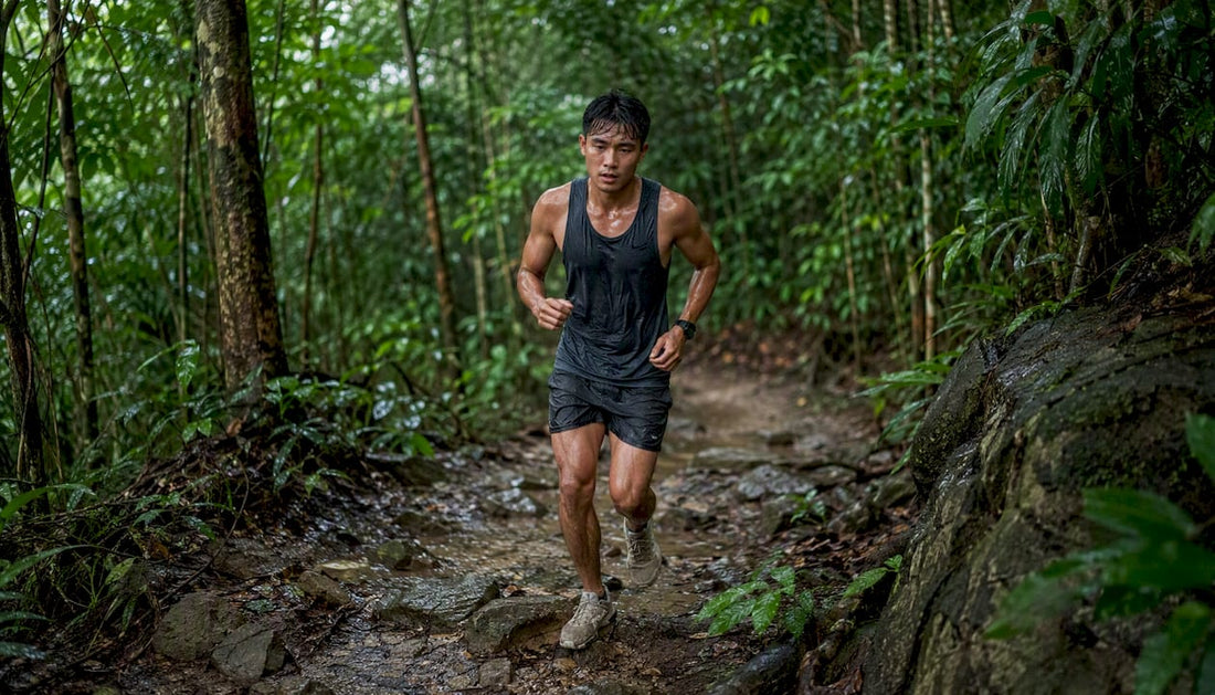 Runner sweating heavily on humid trail