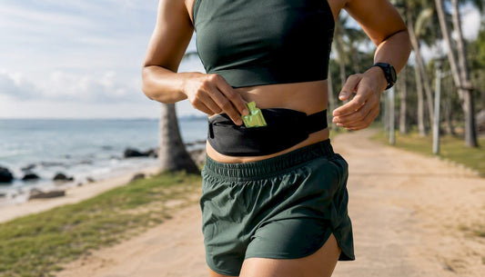 Runner taking gel mid-run on tropical trail