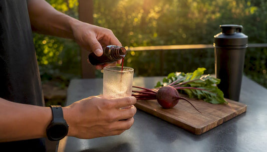 Hands pouring nitrate supplement shot into glass