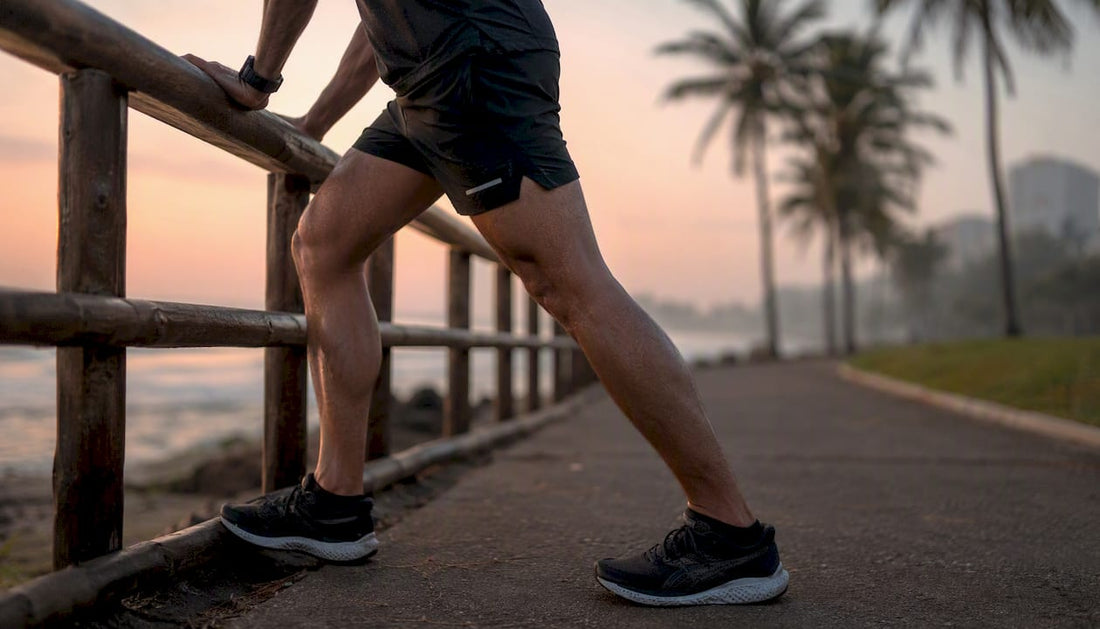 Runner stretching calves on morning trail