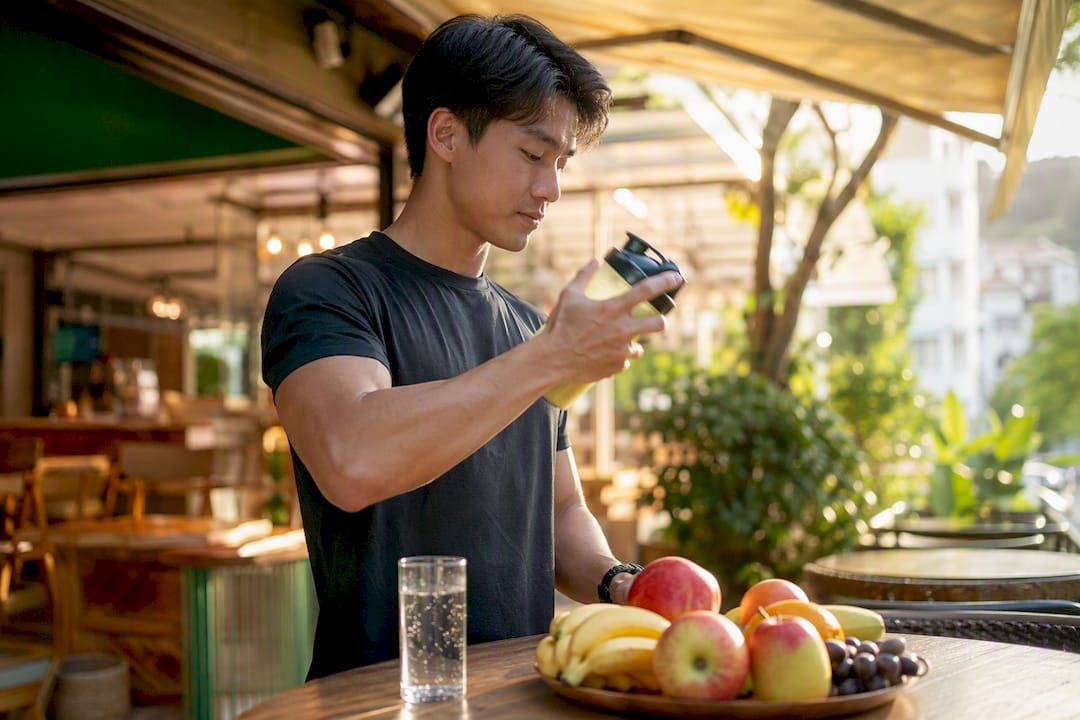 Athlete shaking protein supplement in kitchen