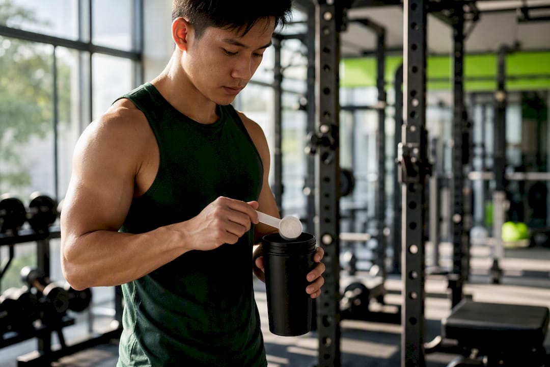 Athlete scooping creatine powder into shaker