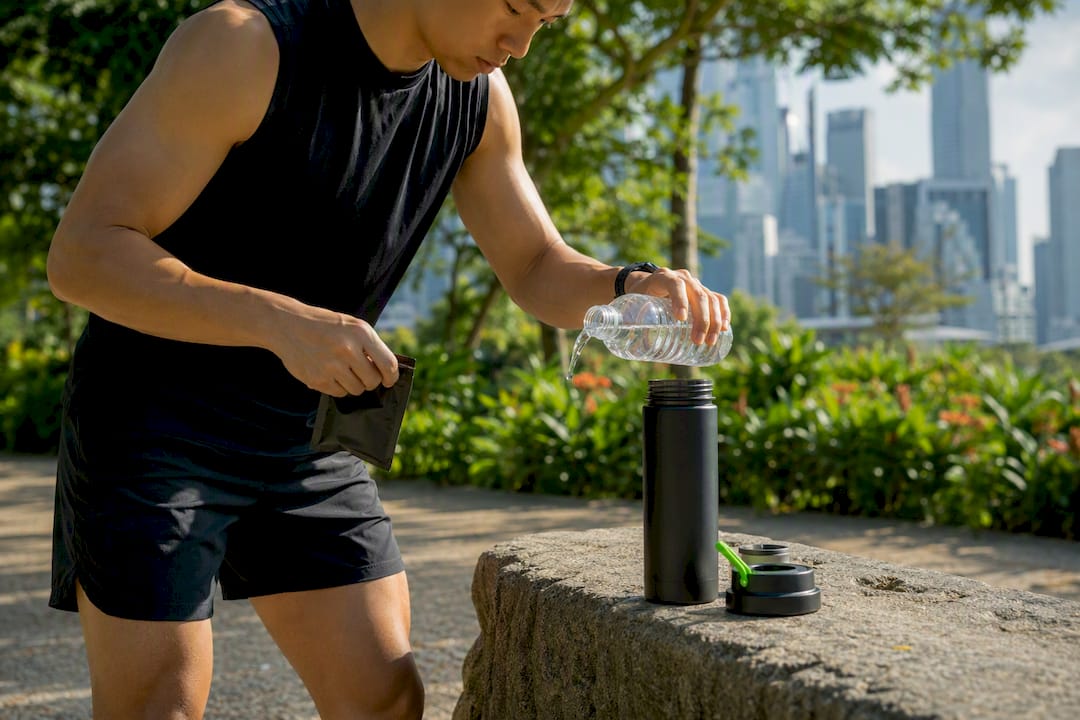 Close-up of athlete preparing pre workout drink