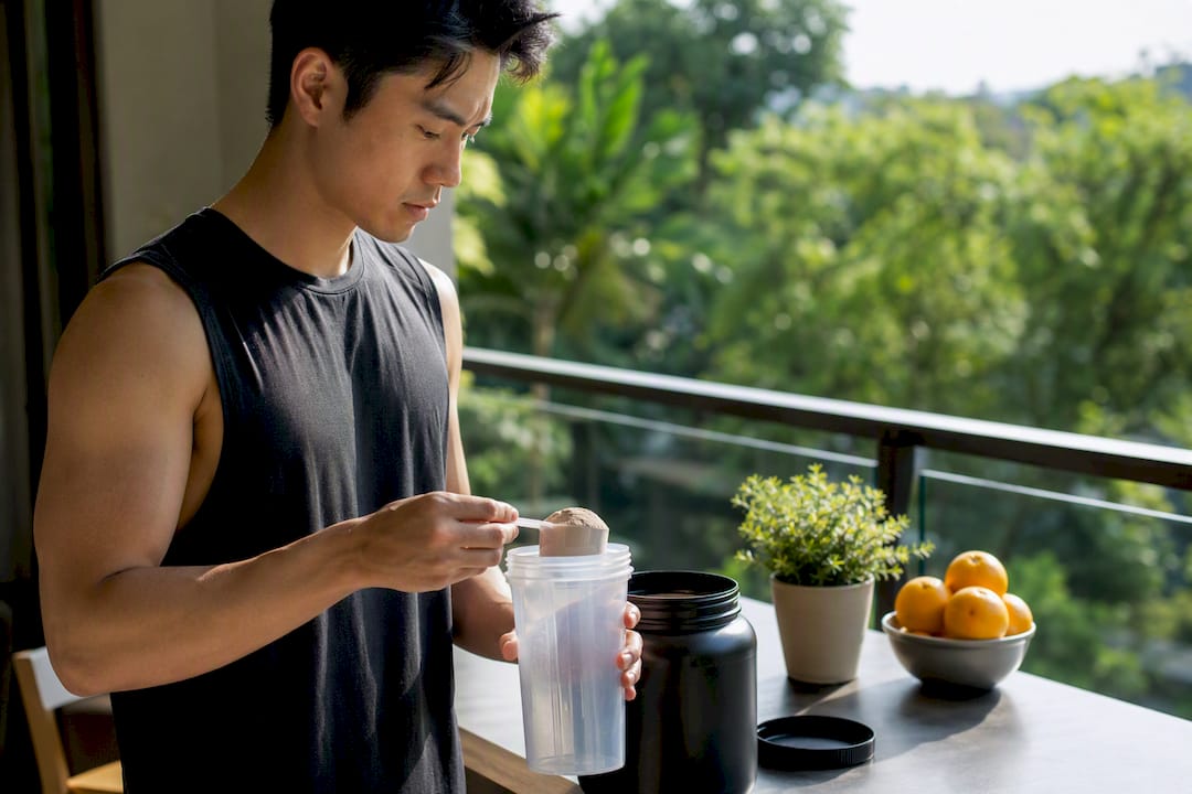 Athlete mixing protein shake in kitchen