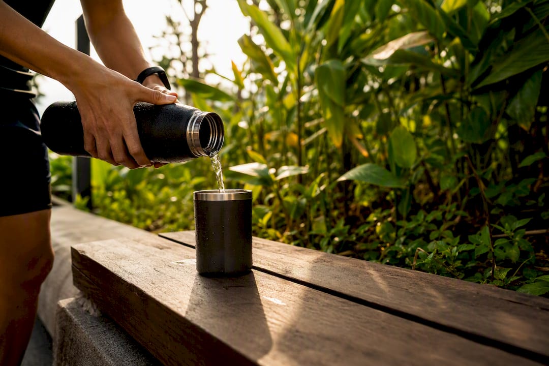 Athlete pouring water into bottle outdoors