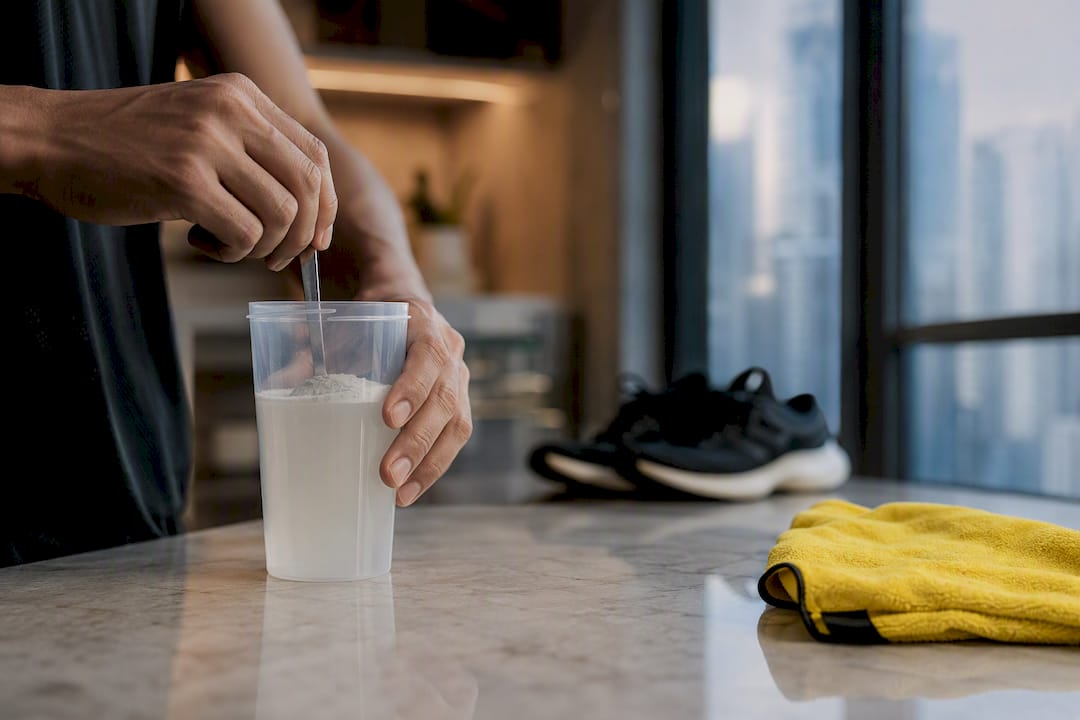 Runner preparing collagen drink before training