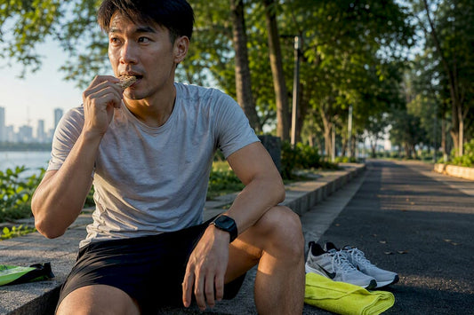 Runner taking pre-workout fuel before training